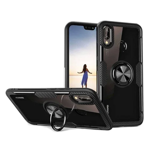 Clear Carbon szénszál mintás tok gyűrű támasszal HUAWEI P20 LITE fekete - 1