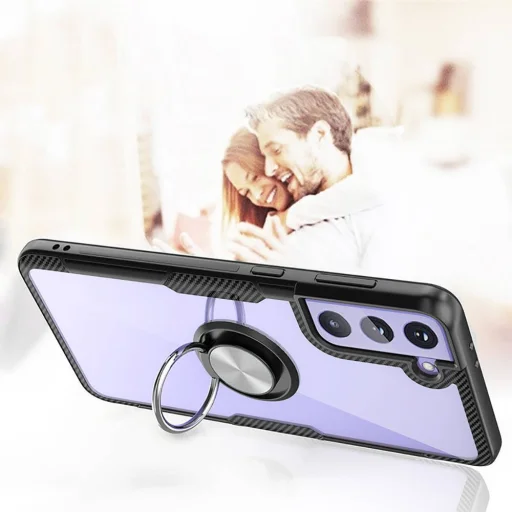 Samsung Galaxy S21 Ultra Clear Carbon szénszál mintás tok gyűrű támasszal fekete - 2