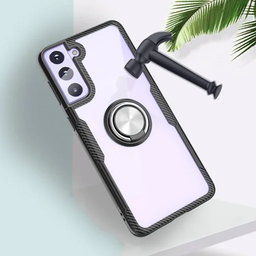 Samsung Galaxy S21 Ultra Clear Carbon szénszál mintás tok gyűrű támasszal fekete - 3