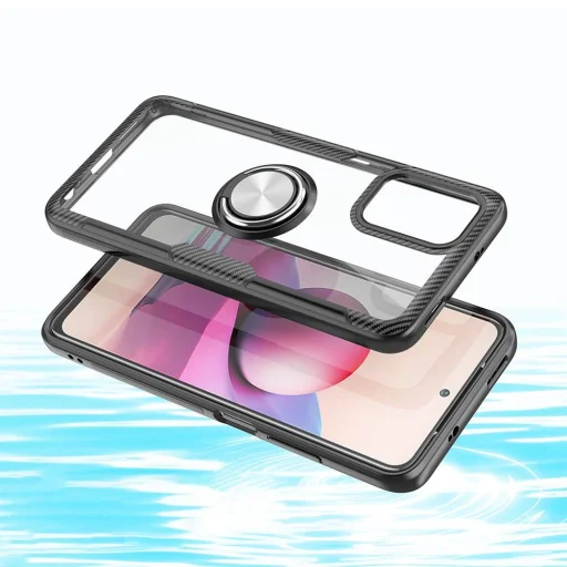 Clear Carbon szénszál mintás tok gyűrű támasszal XIAOMI REDMI NOTE 10 fekete - 7