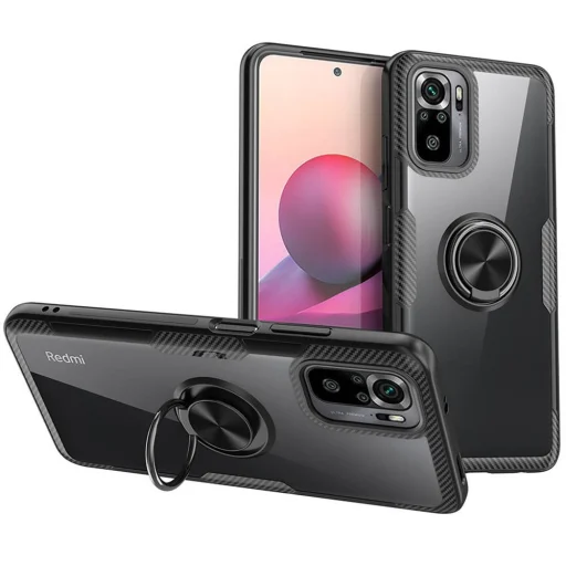 Clear Carbon szénszál mintás tok gyűrű támasszal XIAOMI REDMI NOTE 10 fekete - 1