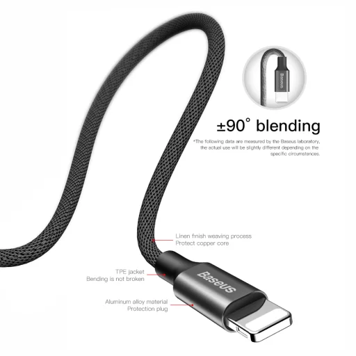 Baseus Yiven Nylon harisnyázott USB/ Lightning kábel 2A 1.8m fekete (CALYW-A01) - 5