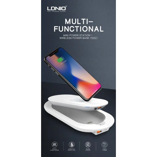 LDNIO 5000mAh Powerbank töltő dokkolóval és vezeték nélküli Qi töltéssel fehér - 6