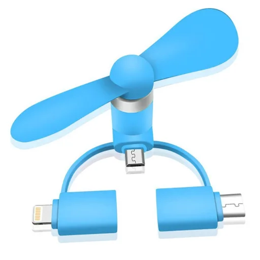 Univerzális telefonos ventillátor Micro USB + Lightning + USB-C kék - 1