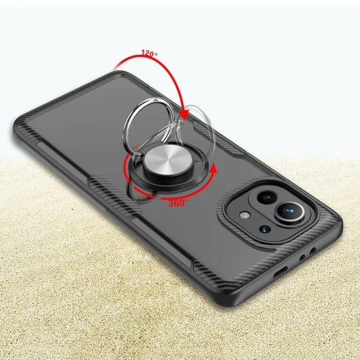 Clear Carbon szénszál mintás tok gyűrű támasszal XIAOMI MI 11 fekete - 6