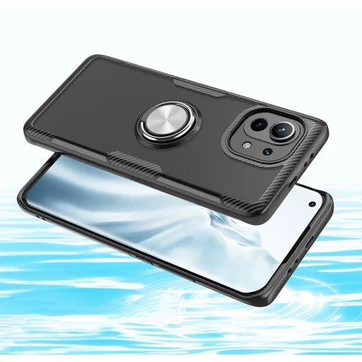 Clear Carbon szénszál mintás tok gyűrű támasszal XIAOMI MI 11 fekete - 8