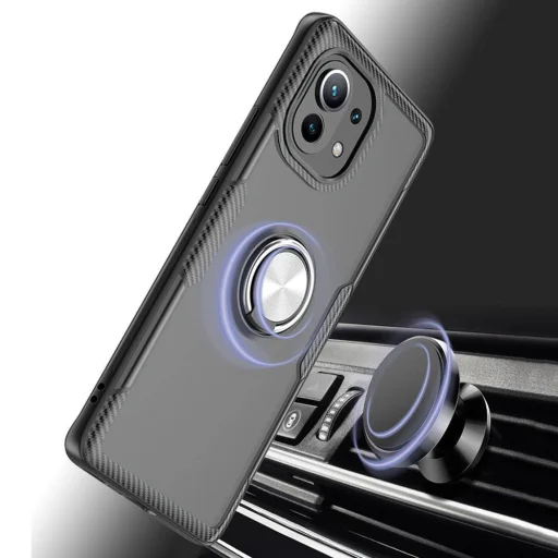 Clear Carbon szénszál mintás tok gyűrű támasszal XIAOMI MI 11 fekete - 3