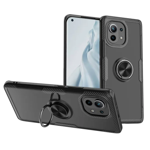 Clear Carbon szénszál mintás tok gyűrű támasszal XIAOMI MI 11 fekete - 1