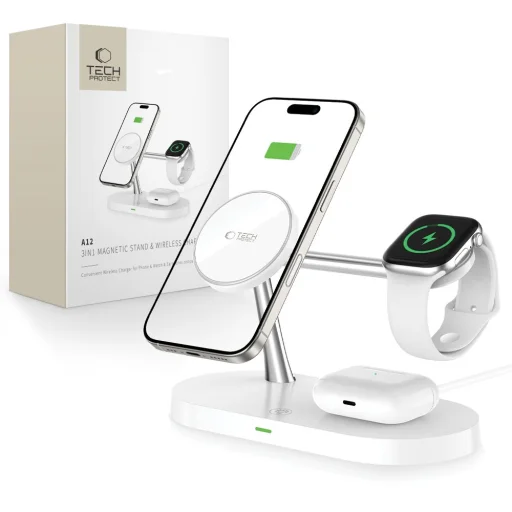 TECH-PROTECT A12 3 az 1-ben vezeték nélküli töltőállomás 15W MagSafe fehér - 1