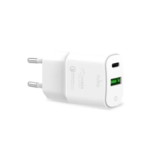 PURO Mini hálózati töltő adapter 1x USB-A + 1x USB Type-C PD20W fehér - 1