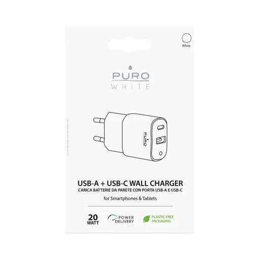 PURO Mini hálózati töltő adapter 1x USB-A + 1x USB Type-C PD20W fehér - 3