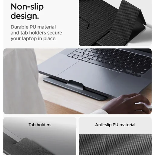 Spigen - Slim Fold Stojan na notebook LD201-S8 (AMP11117) - Skladací, Tenký, Stabilný, Protišmykový, Nepriľnavý, Až do 16" - Čierny - 7