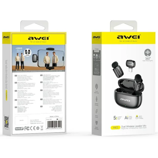 Bezdrôtový klopový mikrofón AWEI MK5 Duo Ai-Voice čierny - 2