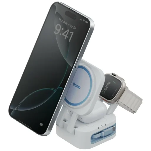 Bezdrôtová nabíjačka Bazic GoMag Station Mini 3-in-1 MagSafe skladacia so zabudovaným USB-C káblom - biela - 1