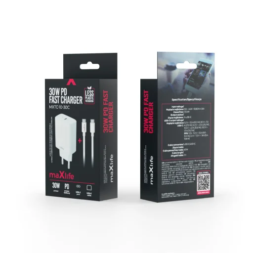 Biela Maxlife MXTC-10-30C PD QC nabíjačka 1x USB-C 30W + USB-C - USB-C kábel 60W - 2