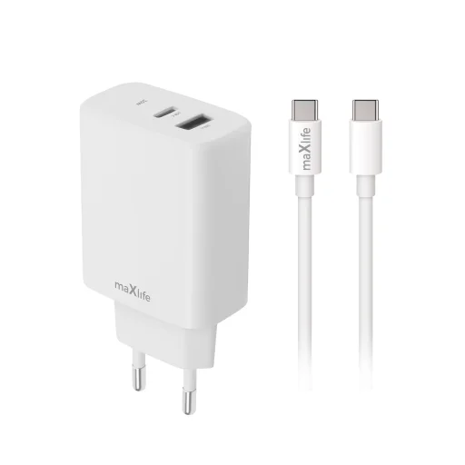 Maxlife MXTC-10-30AC PD QC nabíjačka 1x USB-C 1x USB 30W biela + USB-C - USB-C kábel 60W - 1