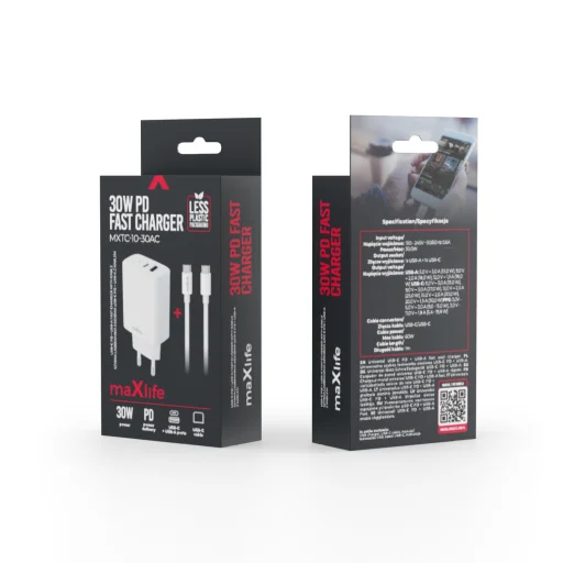 Maxlife MXTC-10-30AC PD QC nabíjačka 1x USB-C 1x USB 30W biela + USB-C - USB-C kábel 60W - 2