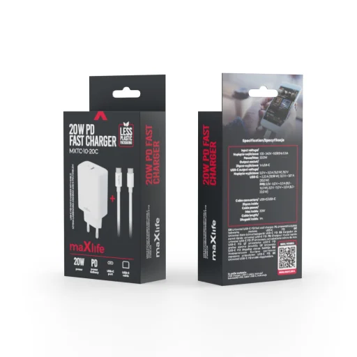 Maxlife MXTC-10-20C PD QC nabíjačka 1x USB-C 20W biela + USB-C - USB-C kábel 20W - 2