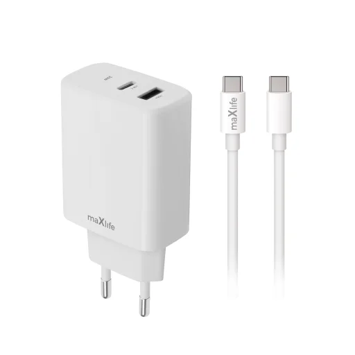 Maxlife MXTC-10-20AC PD QC nabíjačka 1x USB-C 1x USB 20W biela + USB-C - USB-C kábel 20W - 1