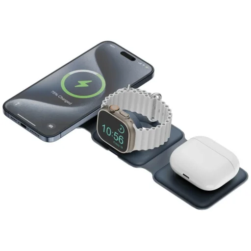 ENERGEA Bazic GoMag Trio Plus Kompaktná skladacia bezdrôtová nabíjačka 3 v 1 15W rýchle nabíjanie tmavomodrá - 1