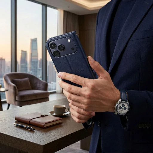 iPhone 17 Pro Split Book puzdro námornícka modrá krémová - 6