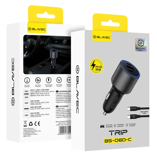 Blavec nabíjačka do auta BS-06D-C Trip - USB + 2xType C - QC 3.0 18W PD 65W s káblom Type-C na Type-C (CCBS06DCQ-U2CB) čierna - 6