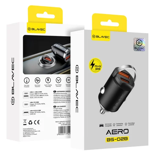 Blavec nabíjačka do auta BS-02B Aero - USB + Type C - QC 3.0 18W PD 30W (CCBS02BA-UCB) čierna - 5