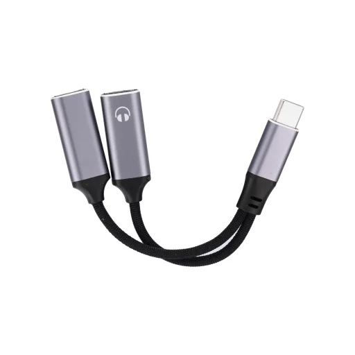 AUX 2 az 1-ben Type-C (apa) – Type-C (anya) / Type-C (anya) adapter Blue Star fekete [DAC] – max. 25 W töltés - 2