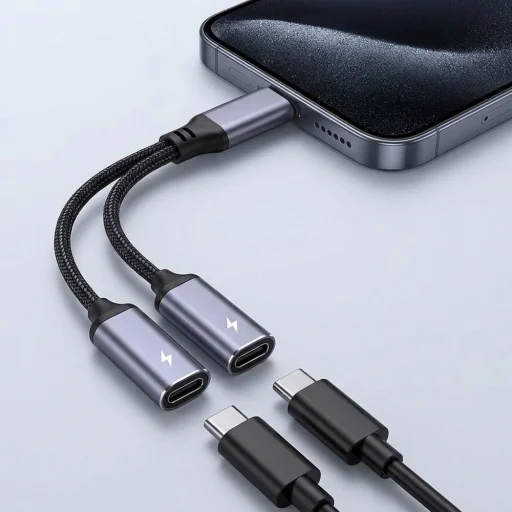 AUX 2 az 1-ben Type-C (apa) – Type-C (anya) / Type-C (anya) adapter Blue Star fekete [DAC] – max. 25 W töltés - 4