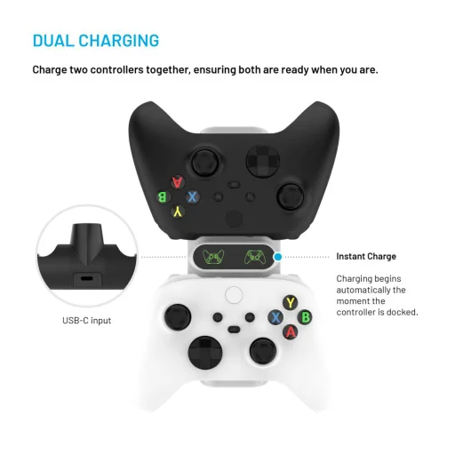 Fixed - Dupla Töltőállomás (FIXXB-DCC-WH) - Xbox Series S, X, Elite és One Vezeték nélküli Kontrollerekhez, LED, USB-C Port - Fehér - 3