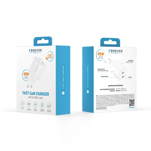 Forever TC-08-45CC GaN PD sieťová nabíjačka 2x USB-C 45W biela - 3