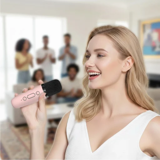 Blavec prenosný Bluetooth reproduktor WS-07 Karaoke párty - 5W s 2 mikrofónmi (WS07-2MP) ružový - 4