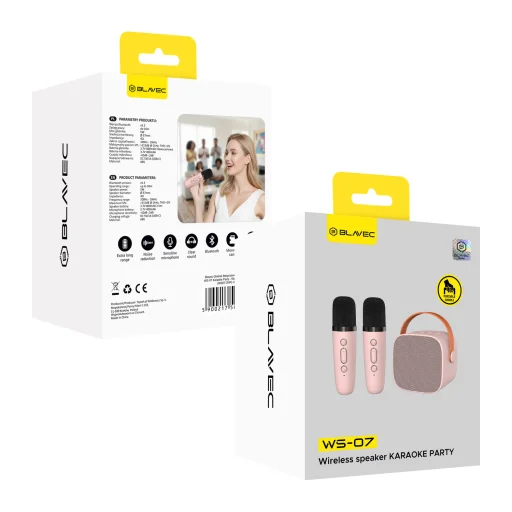 Blavec prenosný Bluetooth reproduktor WS-07 Karaoke párty - 5W s 2 mikrofónmi (WS07-2MP) ružový - 8