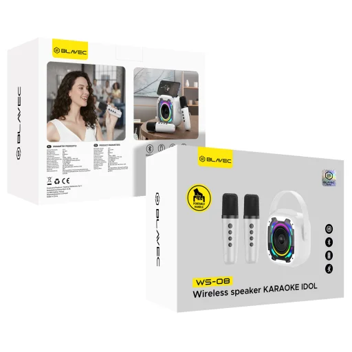 Blavec prenosný Bluetooth reproduktor WS-08 Karaoke Idol - 8W s 2 mikrofónmi (WS08-2MW) biely - 9