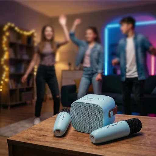 Blavec prenosný Bluetooth reproduktor WS-07 na karaoke párty - 5 W, s 2 mikrofónmi (WS07-2MBL) modrý - 6