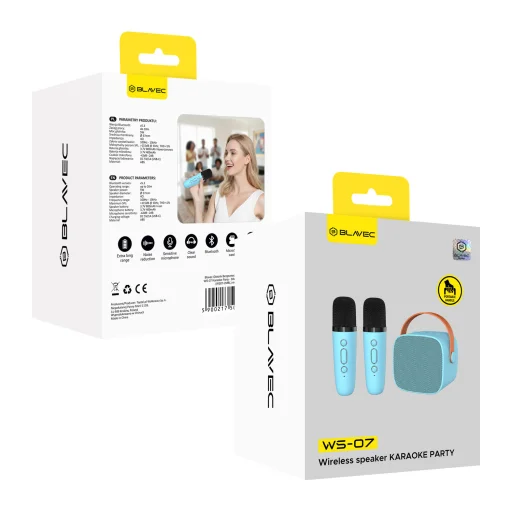 Blavec prenosný Bluetooth reproduktor WS-07 na karaoke párty - 5 W, s 2 mikrofónmi (WS07-2MBL) modrý - 8