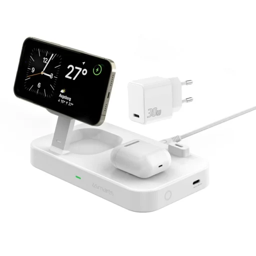 4smarts Qi2 Trident 2 v 1 bezdrôtová nabíjacia stanica + USB-C + 30 W sieťová nabíjačka biela 540998 - 1