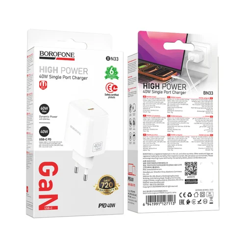 Borofone BN33 Fuente sieťový USB-C nabíjací adaptér typu GaN - QC3.0 PD 40W biely - 9
