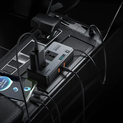 Hoco Smart duálna autonabíjačka s invertorom, 2 zásuvky autozapaľovača, max. 200W, PD66W/1C2A Z66, čierna - 7