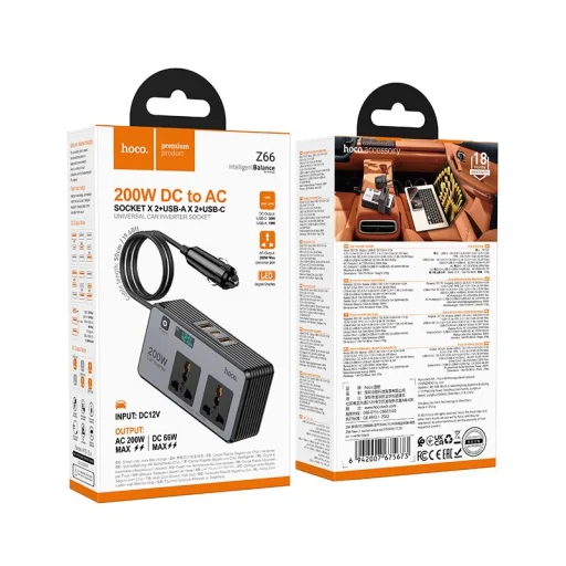 Hoco Smart duálna autonabíjačka s invertorom, 2 zásuvky autozapaľovača, max. 200W, PD66W/1C2A Z66, čierna - 9