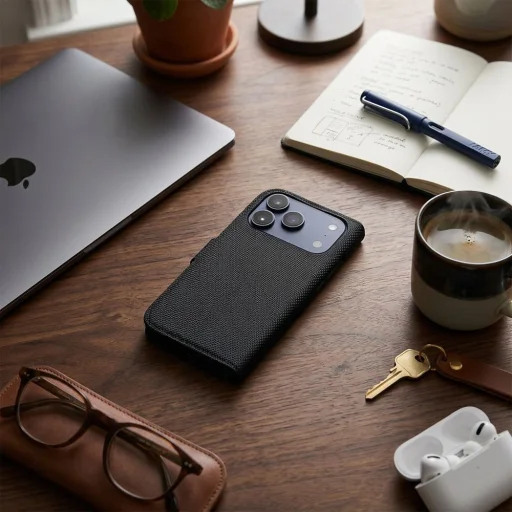 iPhone 17 Pro knižkové puzdro s RFID ochranou proti krádeži na 4 karty, čierne puzdro z technickej tkaniny - 6