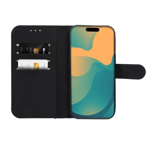 iPhone 17 Pro knižkové puzdro s RFID ochranou proti krádeži na 4 karty, čierne puzdro z technickej tkaniny - 4