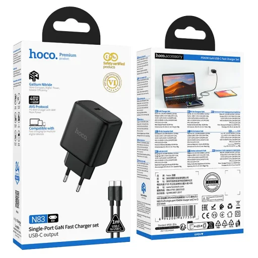 Hoco USB-C PD AVS GaN sieťová nabíjačka s káblom USB-C – USB-C N83 čierna 40W max. 60W - 6