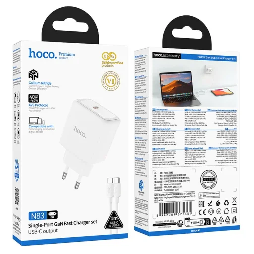 Hoco USB-C PD AVS GaN sieťový nabíjací adaptér 40W max. so 60W USB-C - USB-C káblom N83 biely - 8