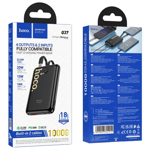 Hoco Q37 10000 mAh QC PD 22,5W beépített USB-C + Lightning kábelekkel powerbank fekete - 9