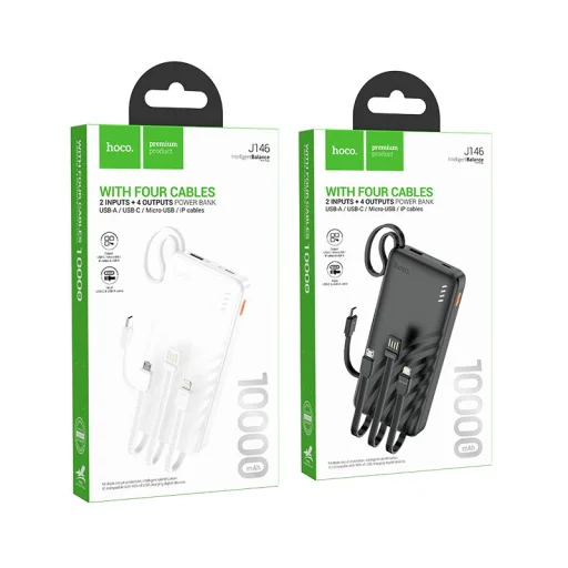Hoco J146 Powerbank 10000 mAh 2A so štyrmi vstavanými káblami USB-A + USB-C + Lightning + Micro USB čierna - 8