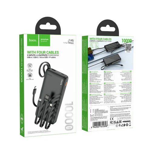 Hoco J146 Powerbank 10000 mAh 2A négy beépített kábellel USB-A + USB-C + Lightning + Micro USB fekete - 7