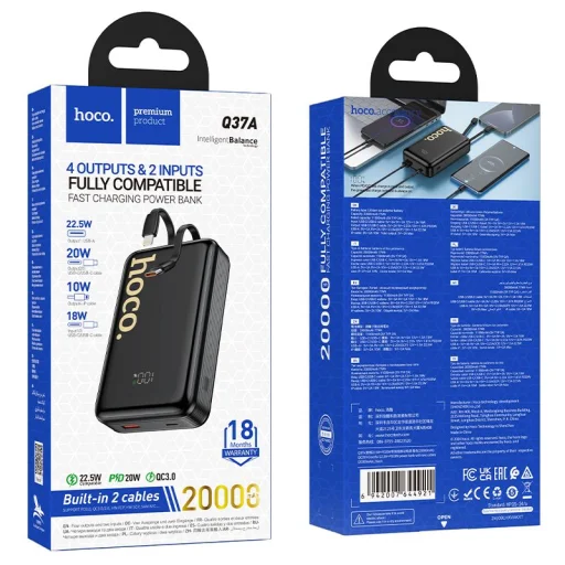 Hoco Q37A 20000 mAh QC PD 22,5W powerbanka so zabudovanými káblami USB-C + Lightning, čierna - 9