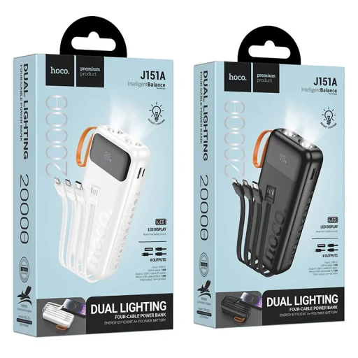 Hoco J151A 20000 mAh 2A powerbank beépített USB-A + USB-C + Lightning + Micro USB kábelekkel és dupla lámpával, fekete - 8