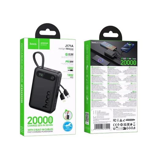 Hoco 20000 mAh QC PD 2A 22,5W powerbank beépített USB-C + Lightning kábelekkel J171A fekete - 5